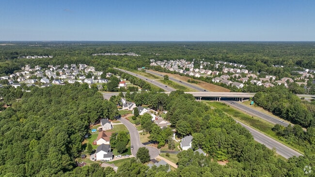 An aerial view of Glen Allen shows both greenery and major highways.