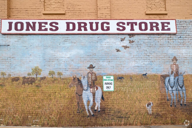 A local mural on the side of the drugstore on Main Street in Jones, Oklahoma.