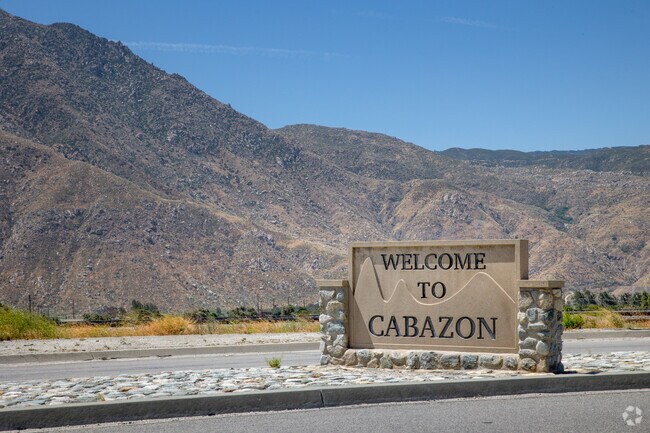 Sign welcoming visitors to Cabazon seen on Main Street.