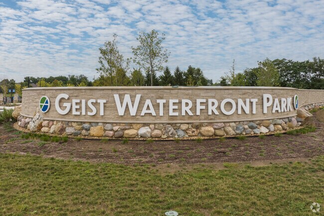 The entrance sign to Geist Waterfront Park on the Geist reservoir.