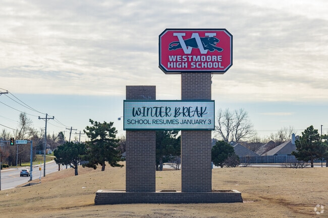 Close up shot of the signage of Westmoore High School.