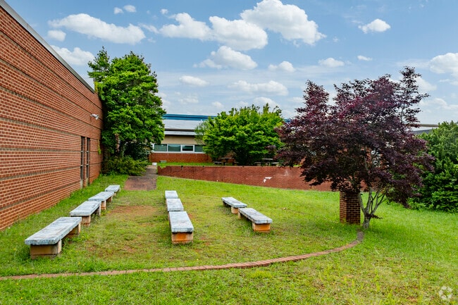Outdoor learning and gathering areas are plentiful for Fred T. Foard High School students.