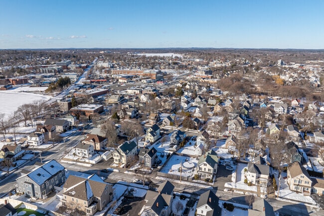 An aerial of the City of Wakefield, MA on a sunny, winter afternoon.