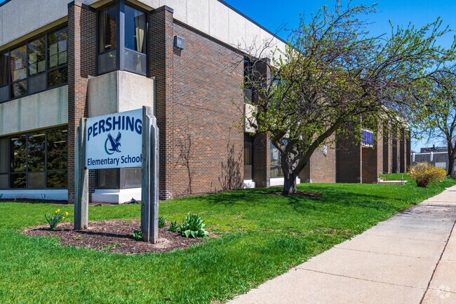 The sign and of Pershing Elementary School in West Milwaukee.