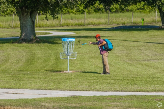A disc golfer plays a round at the Carlyss Park course on a sunny afternoon.