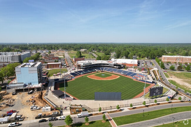 An aerial view of Atrium Health Ballpark, home of the Kannpoilis Cannon Ballers in Car Town.