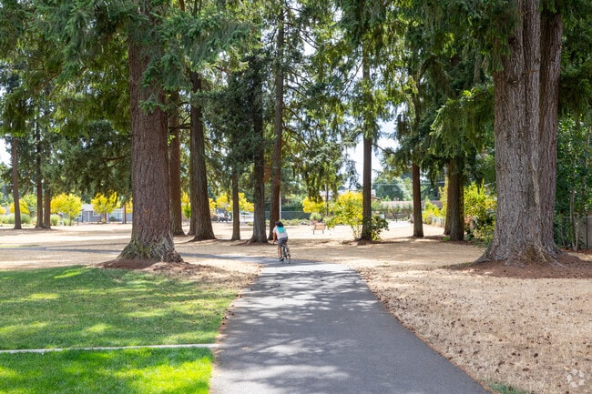 A cyclist glides through Nikkei Park in Image, enjoying scenic paths and fresh air.