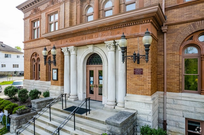 The Andrew Carnegie Free Library sits atop Carnegie's business district.