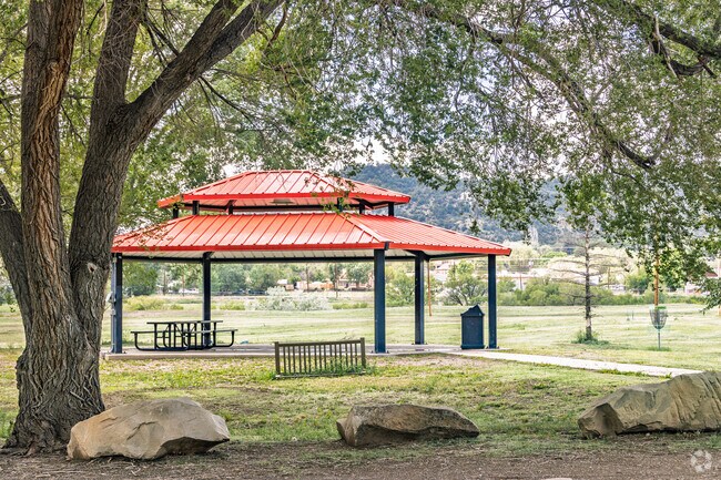 Raton's Roundhouse Memorial Park has a large steel gazeebo within its wide open fields.