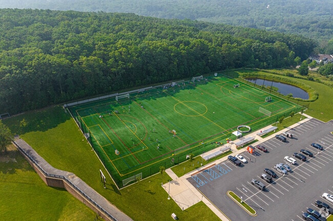Aerial view of turf soccer field at Morris Knolls High School.