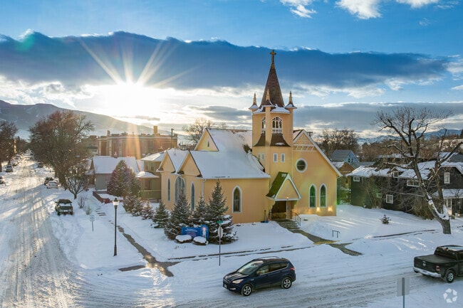 The St. Mark's Church in Livingston glows in the light of the sunset.