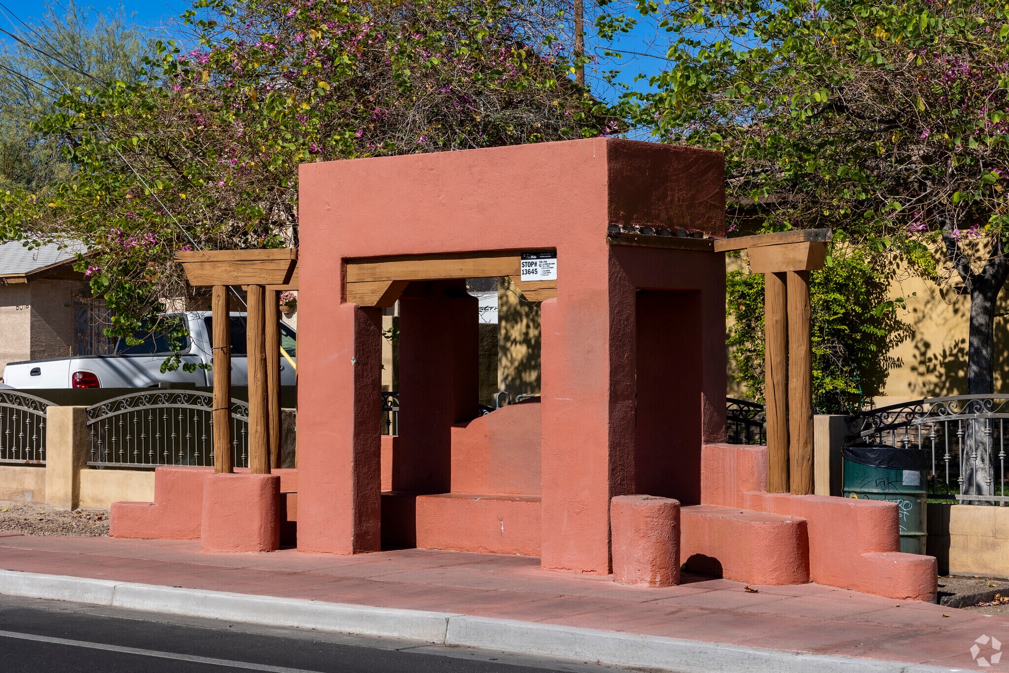 Many Adobe style bus stops can be found on Avenida del Yaqui in Guadalupe.