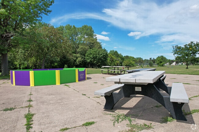 Teachers can hold classes outdoors at the picnic tables at Olson Middle School.