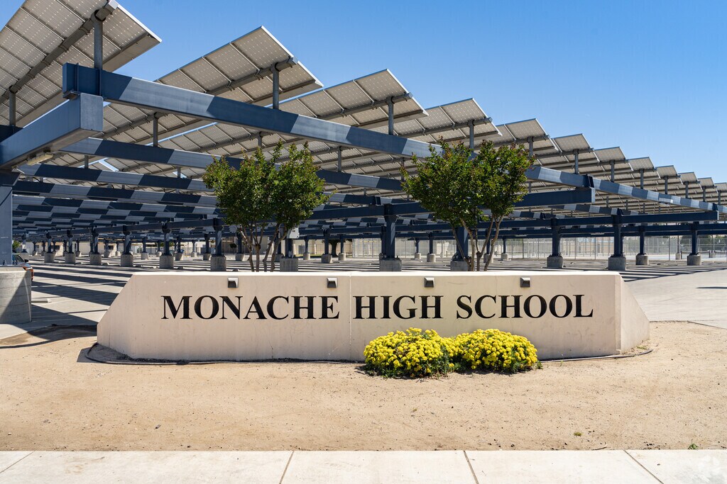Monache High School provides a solar-paneled cover for the front parking lot.