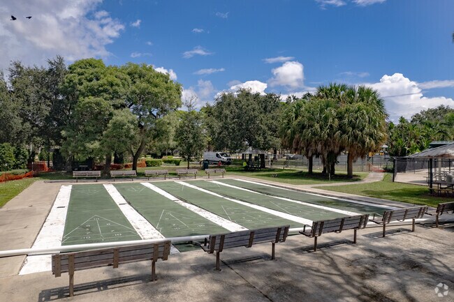 Shuffleboard courts provide recreation at Burns Road Campus in Palm Beach Gardens.