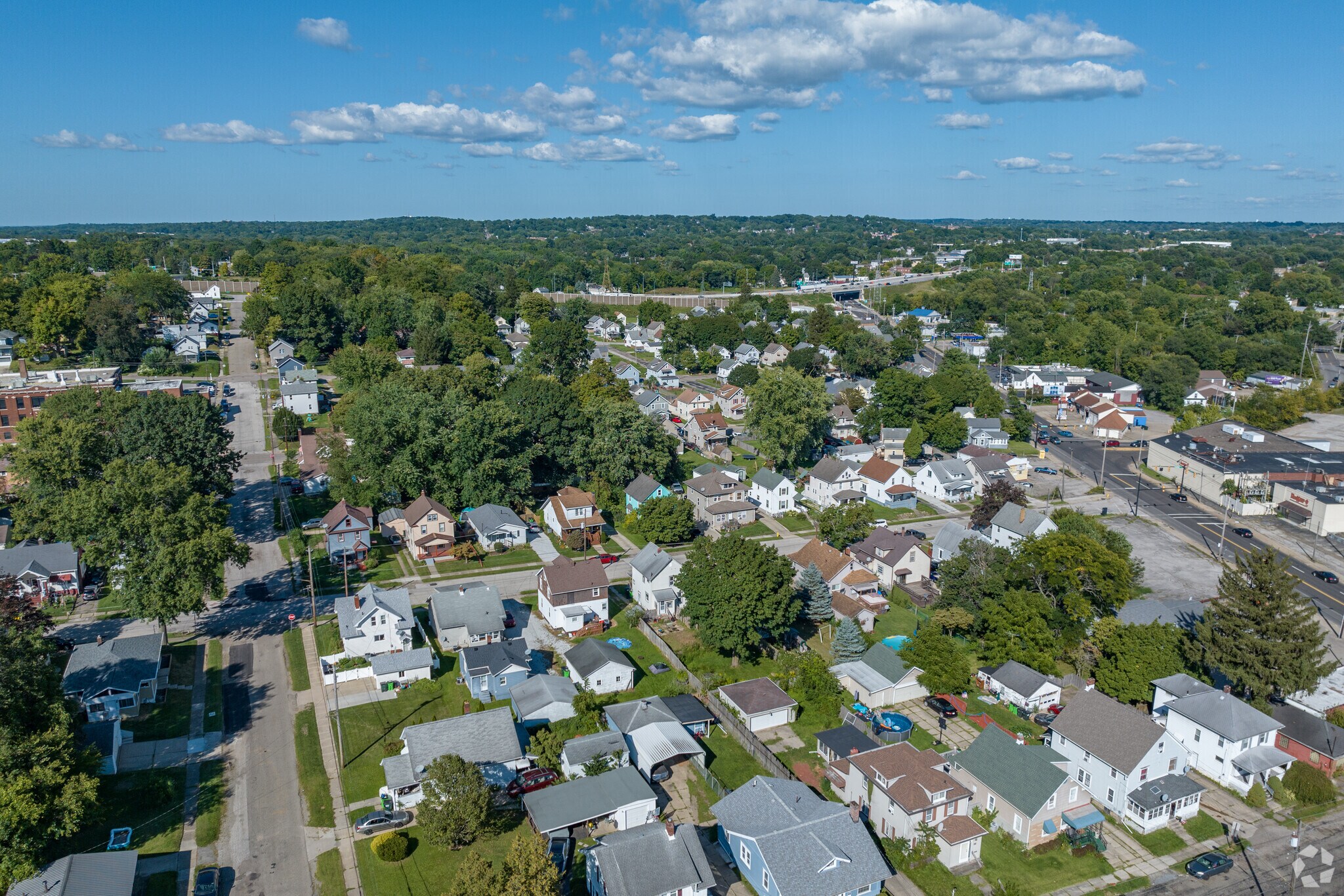 Aerial view of Barberton with beautiful residential homes throughout.