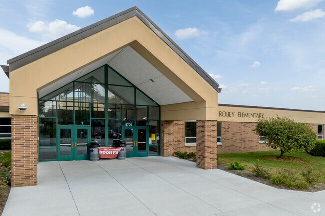 Robey Elementary's main entrance welcomes the youthful students of Key Meadows.