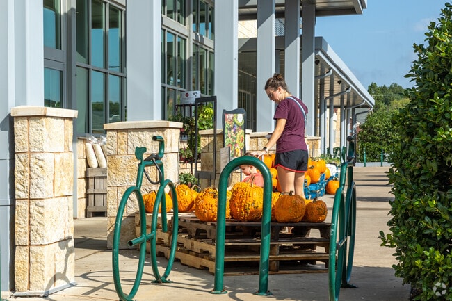 A mother and child enjoy the weather while shopping for pumpkins at a Brookwood store.
