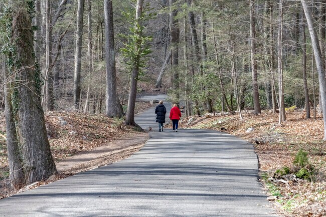 Paved and wooded trails wind their way through 100 acres of Montgomery Pinetum Park in Cos Cob.