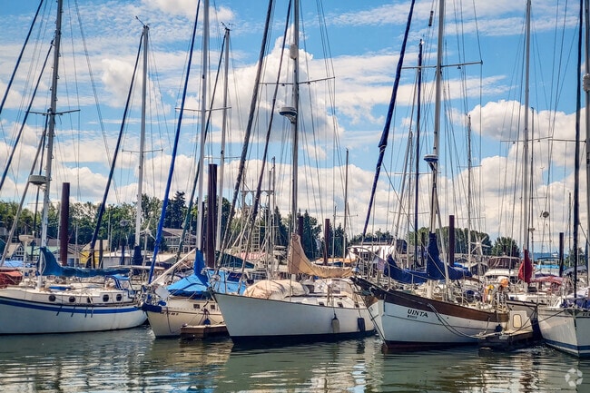 Sailboats moored at a Hayden Island marina in the Hayden Island Neighborhood.