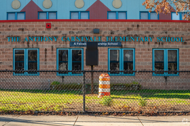 A closer look at Anthony Carnevale Elementary School's name in Providence.