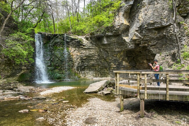 Hayden Falls Park features a boardwalk that ends at a beautiful waterfall.