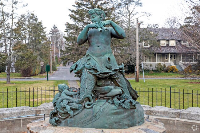The Mermaids Cradle memorial is the center of Fountain Square in Larchmont, NY.