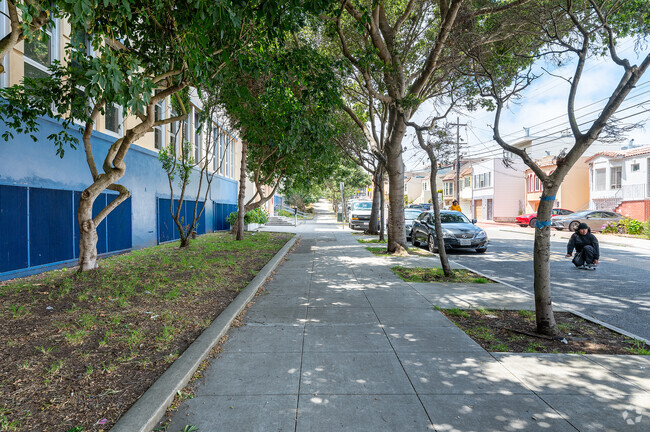 Trees lining the streets in front of James Denman Middle School in San Francisco.