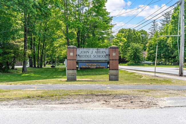 Ahern Middle School's main entrance sign in Downtown Foxborough.
