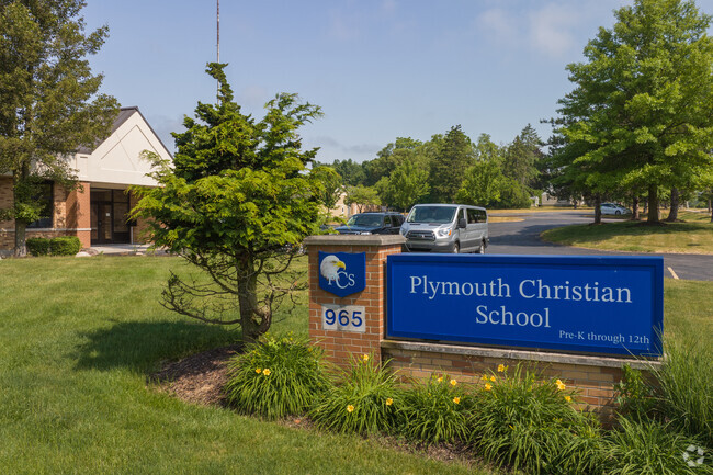 Entrance sign to Plymouth Christian school on Plymouth Ave in Grand Rapids, MI.