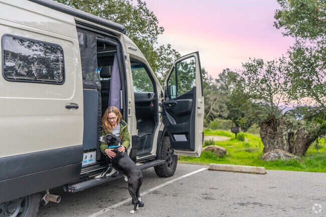 A lady has a special moment with her dog parked in her camper van atop Mt. Diablo State Park.