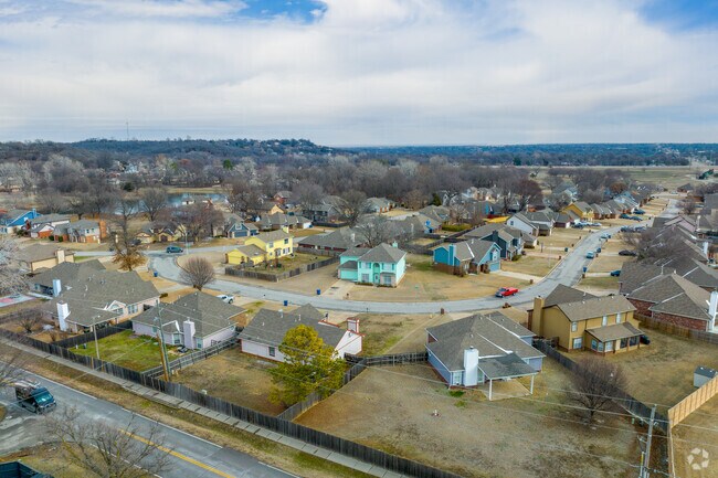 These brighly colored homes ad personality to the Gilcrease hills neighborhood.