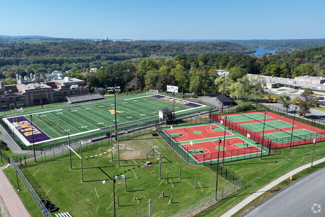 An aerial view of Wilbur H Lynch Literacy Academy in Amsterdam, NY.