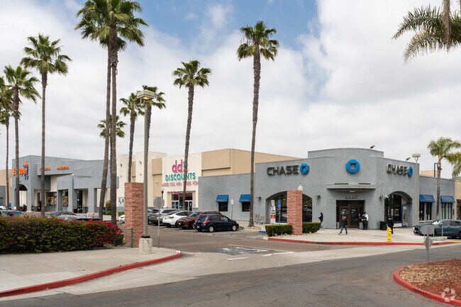 Local shops line Fairmount Village, San Diego.