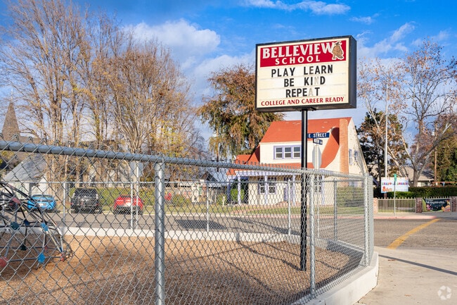 A large sign welcomes students to Belleview Elementary School of Porterville.