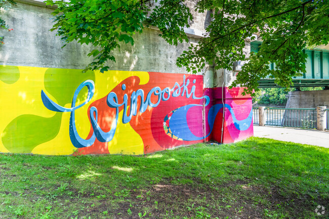 Downtown Winooski's story unfolds on this wall, a vibrant intro to its downtown scene.