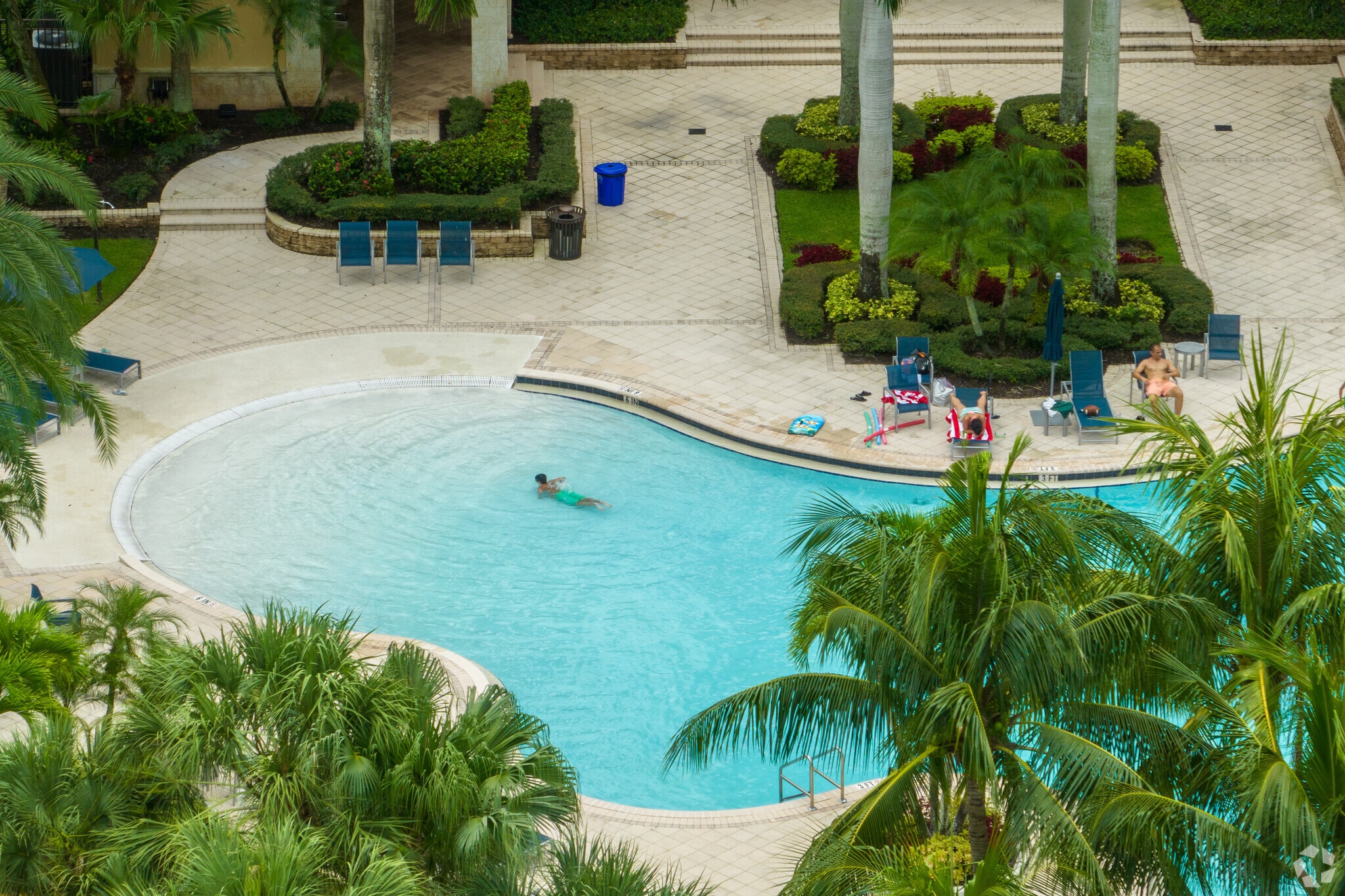 Journey`s End neighborhood club house pool aerial view.