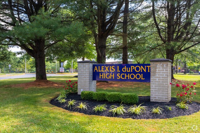 The Alexis I. duPont High School signage welcoming students back.