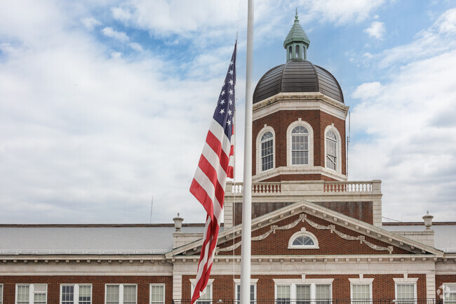 The flag pole and cupola of Thomas Jefferson Middle School in Passaic, NJ.