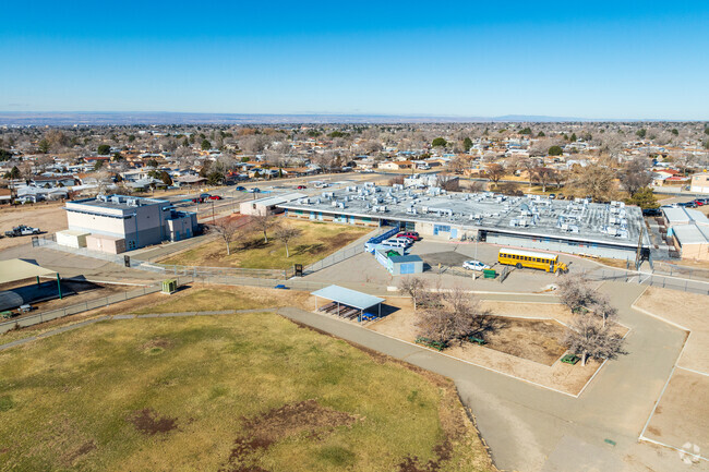 A view of the field, gymnasium and main building at Public Academy for Performing Arts.