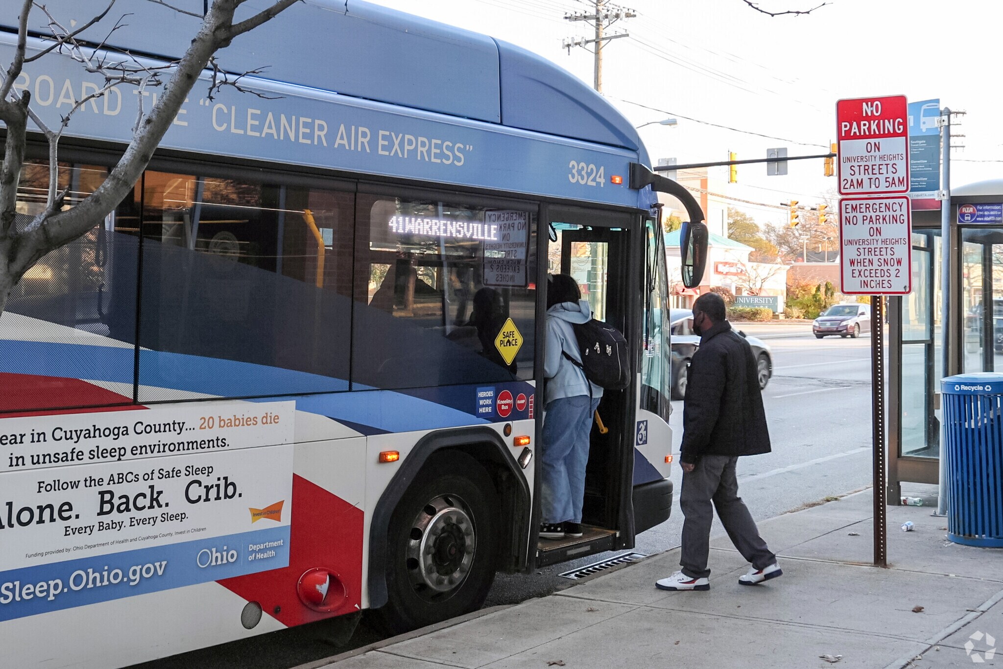 Locals enjoy public transportation on a convenient RTA bus in University Heights.