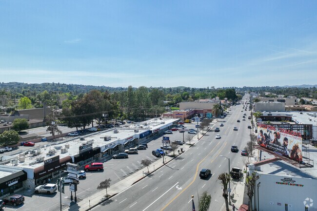 Aerial of commercial street, Ventura Blvd, located in Downtown Tarzana.