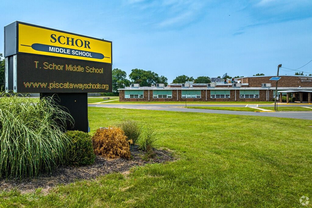 Theodore Schor Middle School's sign and main building, located in New Market, Piscataway, NJ.