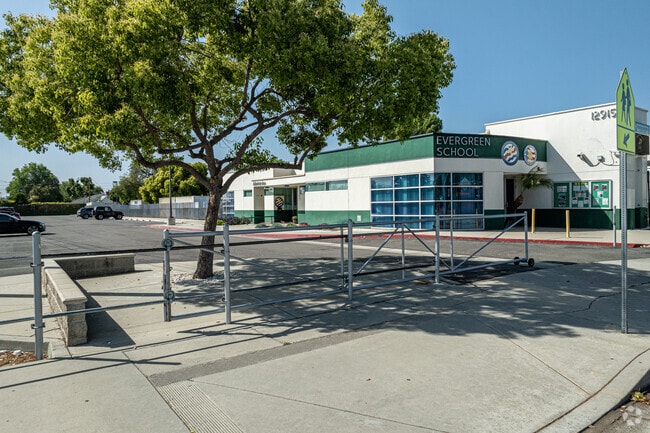 The parking lot and the pickup area for students at Evergreen Elementary School in Whittier.