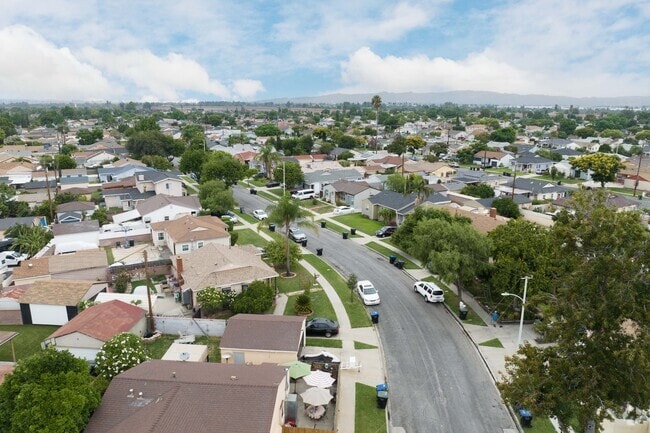 Aerial view of a neighborhood in Studebaker, Norwalk, California.