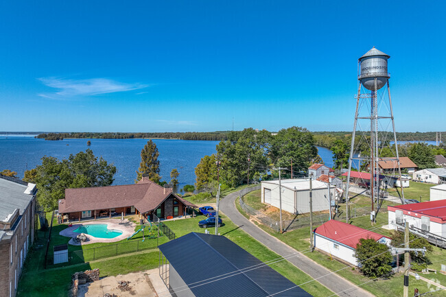 Elevated view of Mooringsport-Brian water tower showing Caddo Lake.