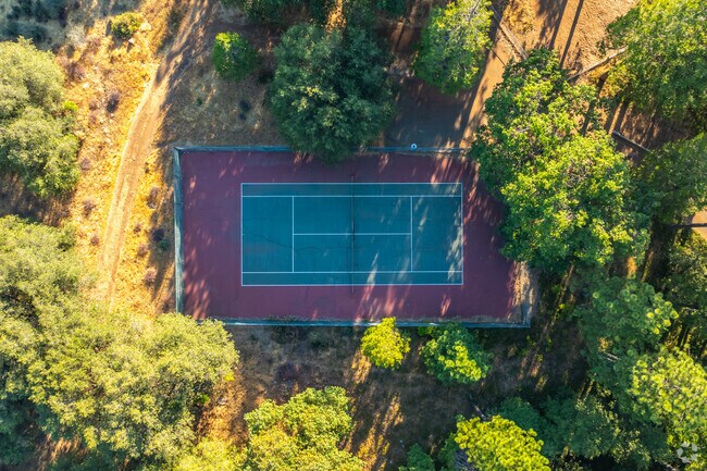 Pioneer Park features a tennis court, baskektball court, horseshoe, and a dog park.