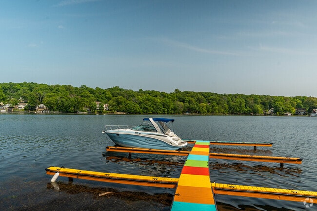 Boat on a colorful dock on Lake Hopatcong