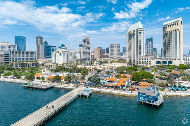San Diego's skyline as seen from Tuna Pier in Seaport Village.