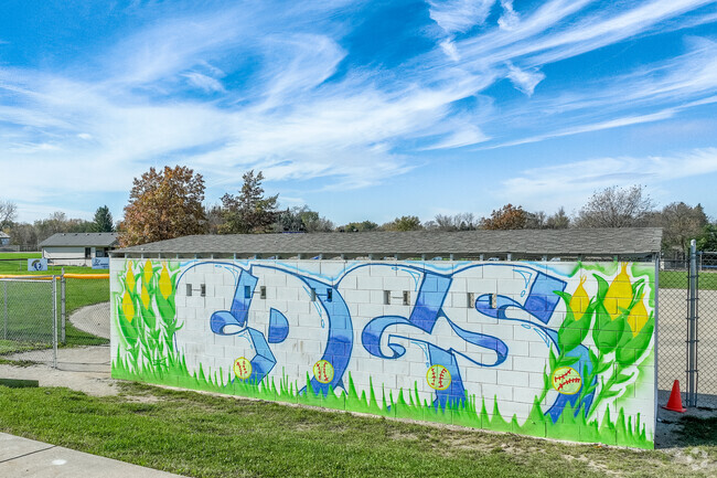 Colorful spray painting near the ball fields at Lily Lake Grade school near Virgil.